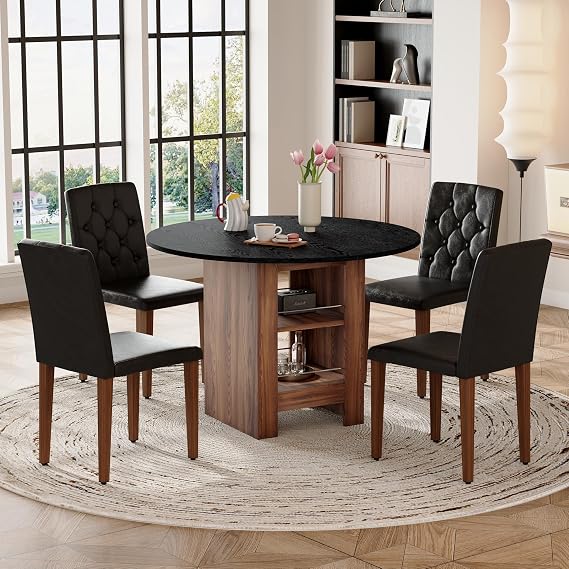 Round Dining Table Set for 4, 42" Wood Kitchen Table with 2-Layer Storage Shelf, Modern 5 Piece Dinner Set with Faux Leather Upholstered Chairs for Dining Room Kitchen Farmhouse