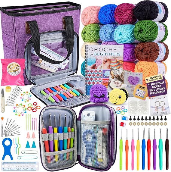 JC CRAFT Deluxe Beginner Crochet Kit 116-Piece Set with 20 Yarns, Ergonomic Hooks, Accessories, Book for Beginners & Online Tutorial DIY Starter Kit for Adults & Teens with Purple Bag & Case