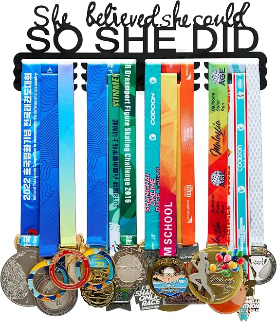 Goutoports Medal Hanger Display Rack - Personalized Award Ribbon Organizer for Sports Race Runner Gymnastics Plaques Hanger for Wall Mount Hold Up 60 Medal for Athlete (1-she Believed)