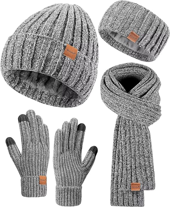 Women Beanie Scarf Gloves Headband Set, Chenille Winter Hats Fleece Lined Ear Warmer Knit Scarf Touchscreen Gloves 4 Gift Set