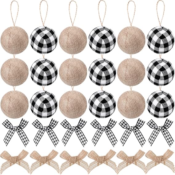 30 Pieces Christmas Tree Decorations 18 Buffalo Plaid Fabric Ball Ornaments Rustic Ball 12 Christmas Mini Plaid Bows Twisted Tie Burlap Bows for Home Decor (White Black)