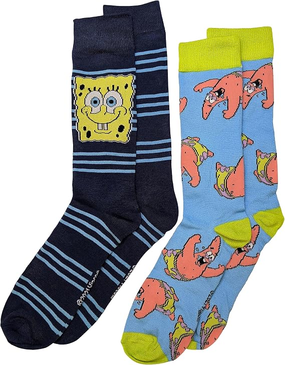 Nickelodeon Striped SpongeBob and Patrick Star Men's Crew Socks Two Pair Pack
