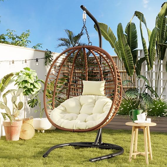 Hanging Egg Chair with Stand, Foldable Egg Chair Outdoor, High-Density Hdpe Wicker Hanging Chair with Adjustable Feet &Thick Cushion, 330lbs Capacity, for Patio, Bedroom, Garden, Brown + Beige