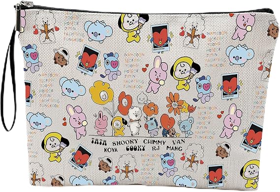 Kpop Cosmetic Bags, Waterproof Linen Make up Bags with Wrist Strap for Women, Double Sided Cartoon Small Makeup Bag for Handbag, K Pop Makeup Pouch Kpop Gifts for Women, 25x18cm