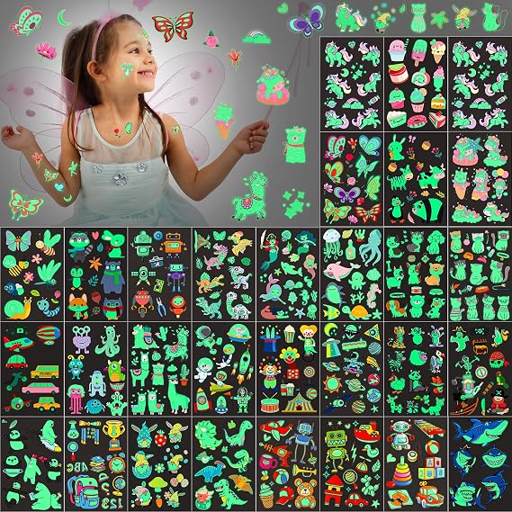 Sinmoe 30 Sheets 400 Pieces Glitter Temporary Tattoos for Kids Waterproof Butterfly Mermaid Unicorn Cartoon Stickers Glow Tattoo for Girls Birthday Party Favors Goodie Bags Fillers(Luminous Pattern)