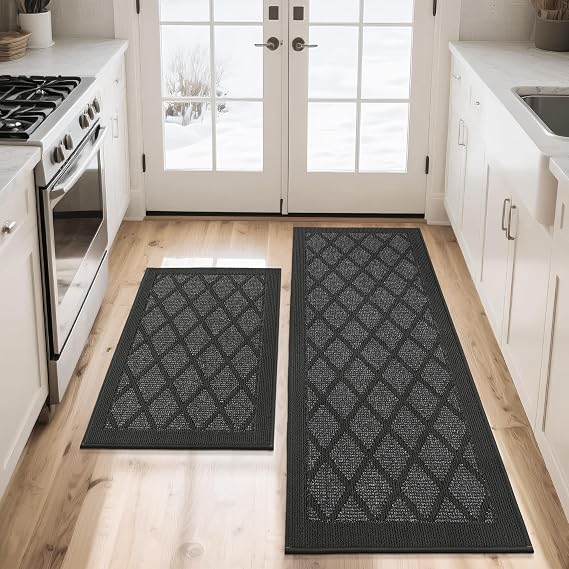 COSY HOMEER Kitchen Rugs, 2 PCS Kitchen Mats Non Slip Washable,Dark Grey
