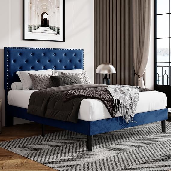 Allewie Queen Size Velvet Upholstered Platform Bed Frame with Adjustable Diamond Button Tufted and Nailhead Trim Headboard, Wood Slat Support, Easy Assembly, No Box Spring Needed, Navy Blue