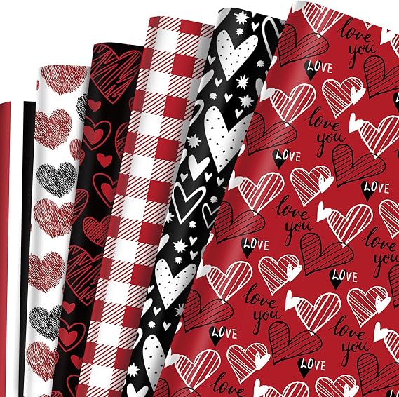 iKammo 12 Sheet Pink Valentine's Day Wrapping Paper Pink Gift Wrap Paper Pink Love Heart DIY Craft Art Paper for Party Decor Supplies, 20 x 27 Inch (Black Red)