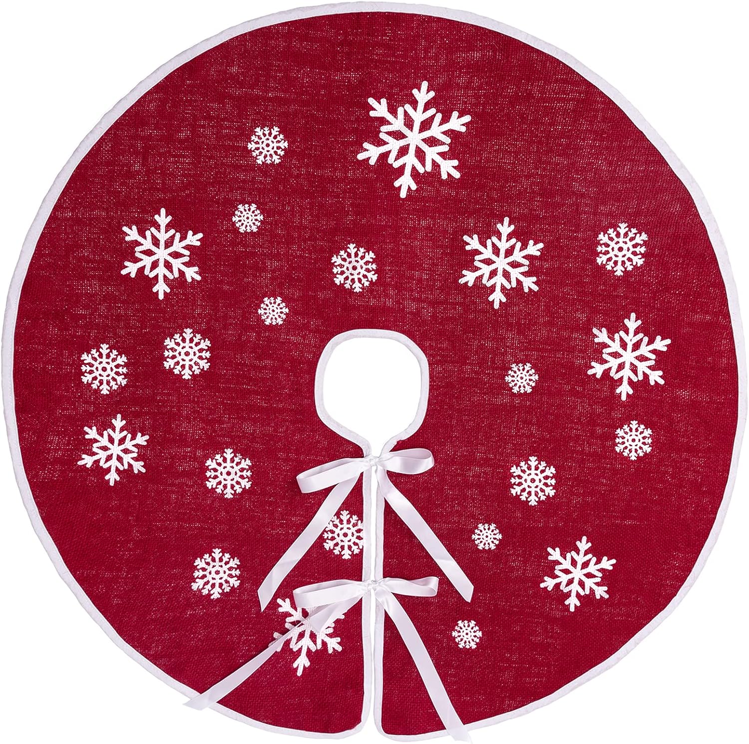 MACTING Christmas Red Tree Skirt, 48 Inch Large Countryside Burlap Tree Skirt with White Snowflakes Printed for Home Holiday Party New Year Xmas Decorations