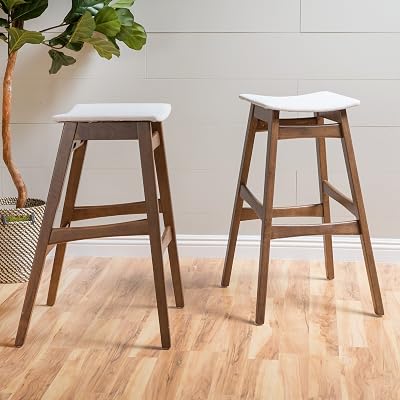 Christopher Knight Home Emmaline Fabric  Walnut Finish Bar Stools, 2-Pcs Set, Light Beige