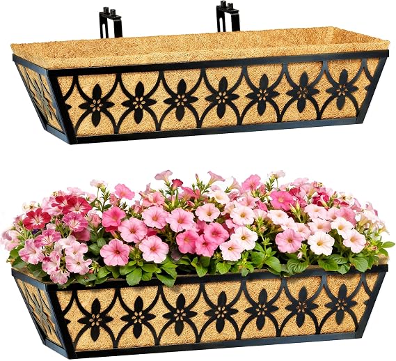 24 Inch Window Boxes Planters Railing Planter Box - 2 Pack Deck Railing Planter Boxes with Adjustable Brackets Coco Liners Balcony Planters Railing Hanging for Window Flower Boxes Outdoor Garden Decor