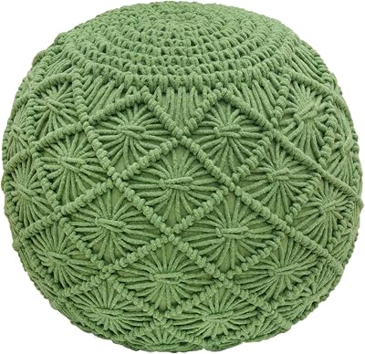 COTTON CRAFT Macrame Braided Pouf - Knitted Cotton Cord Comfortable Round Dori Pouf - Prefilled Ottoman Footrest Bean Bag - Stuffed Boho Moroccan Accent Seating - Nursery Bedroom Dorm - 20x14 - Green