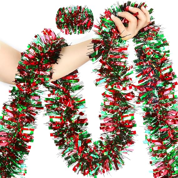 SURCVIO 50 Feet Metallic Tinsel Garland Christmas Tree Decorations (Red, Green and Black)
