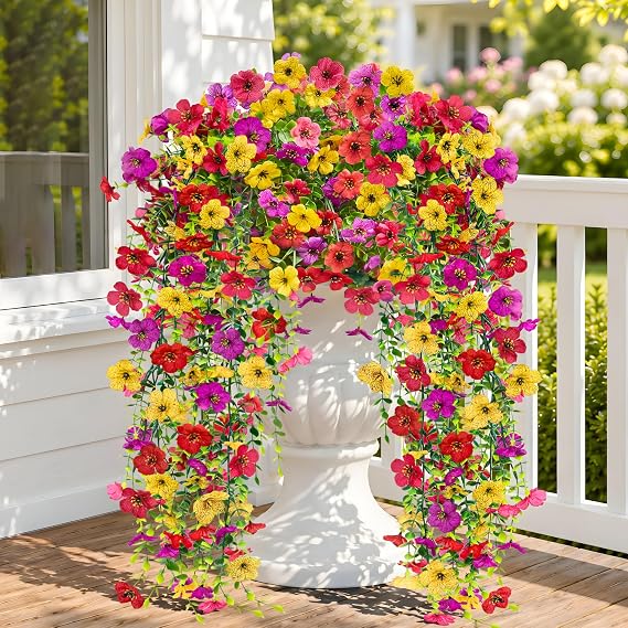 2 Pcs Artificial Faux Hanging Flowers for Outdoors(Mix) | Realistic Silk UV Resistant fake Plants, Spring summer Outside Decor for Porch Patio Balcony Yard Home