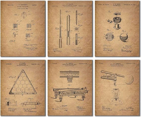 BigWig Prints Billiards Patent Posters, for Game Room, Set of 6, 8x10 in | Great Gift for Pool Players, Features Classic Cue and Table Blueprints, Ideal for a Pool Hall or Man Cave, Unframed