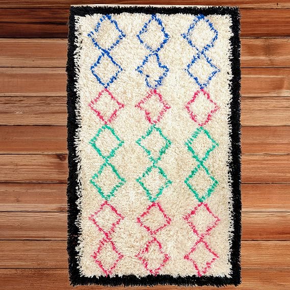 Handwoven Multicolored Geometric Trellis Plush Wool Shag Area Rug, 3' x 5'