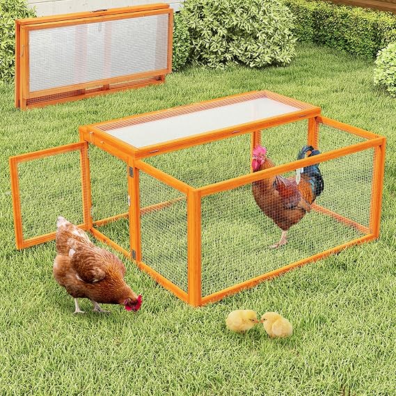 Nyeekoy Portable Chicken Coop with UV-Proof Panel, 4X Garden Stakes, Wooden Rabbit Hutch, Chicken Brooder Box Indoor, Outdoor Folding Chicken Cage, Top & Side Openable Doors, 43.3Inch (Orange)