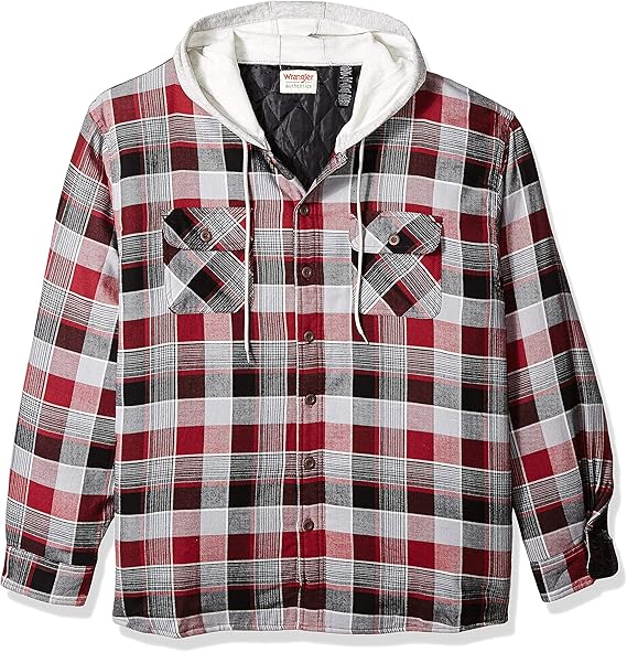 Long Sleeve Quilted Lined Flannel Shirt Jacket With Hood, Biking Red, Large