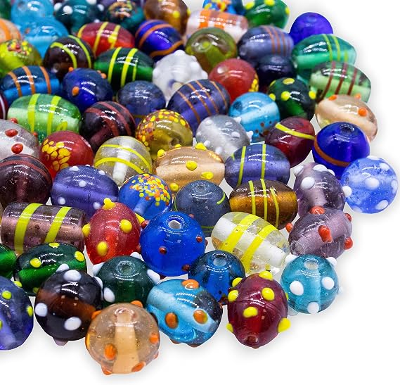 Assorted Glass Beads for Jewelry Making Adults, Bulk Glass Beads for Crafts, Lampwork Murano Bead Mix for Bracelets and Necklaces, Crafting Beads Supplies Kit, Large & Small Beads