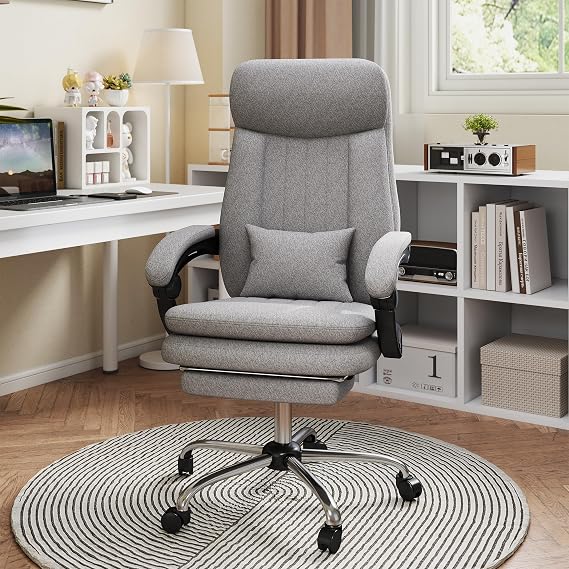 Office Chair Ergonomic Office Chair with Footrest High Back with Lumbar Support for Home Office Executive Computer Chair Height Adjustable 135° Tilt Backrest Quiet Wheels Grey
